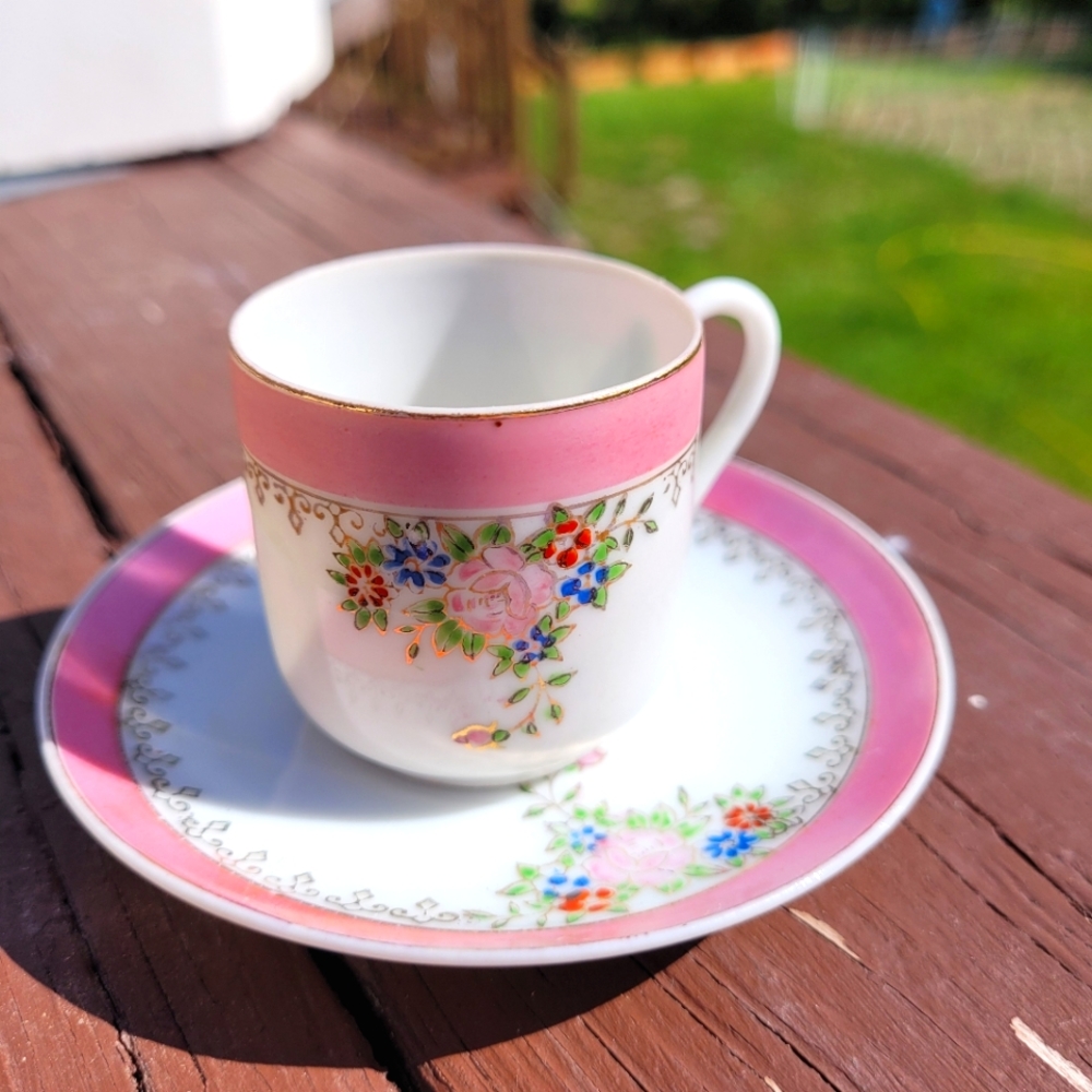 Antique Miniature Demitasse Teacup & Saucer M.B. Occupied Japan Pink Floral